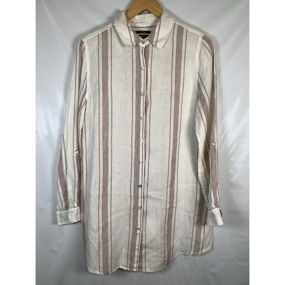 JONES & CO 100% Linen Vertical Stripe Roll Tab Button Up Sleeve Tunic Medium - Picture 1 of 7